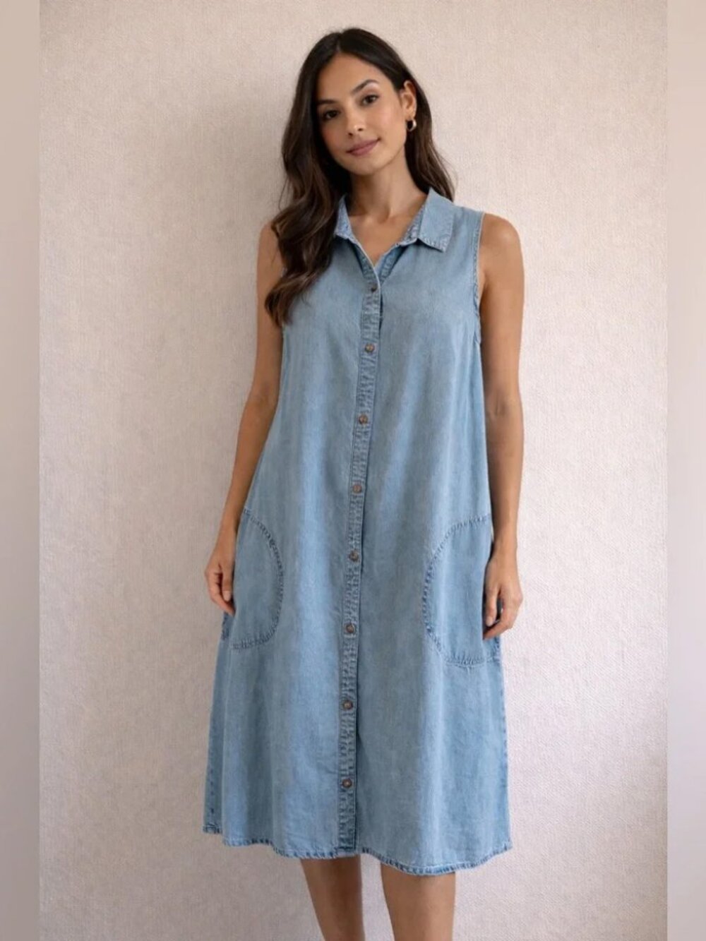 J. Jill blue denim sleeveless pockets front snaps dress size L
